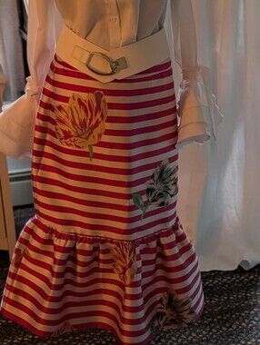 Kate Spade Striped Floral Ruffle Midi Skirt - Pink & White